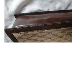 80's vintage CELINE genuine beige and brown suede leather handbag with classic macadam blason print allover. Rare masterpiece