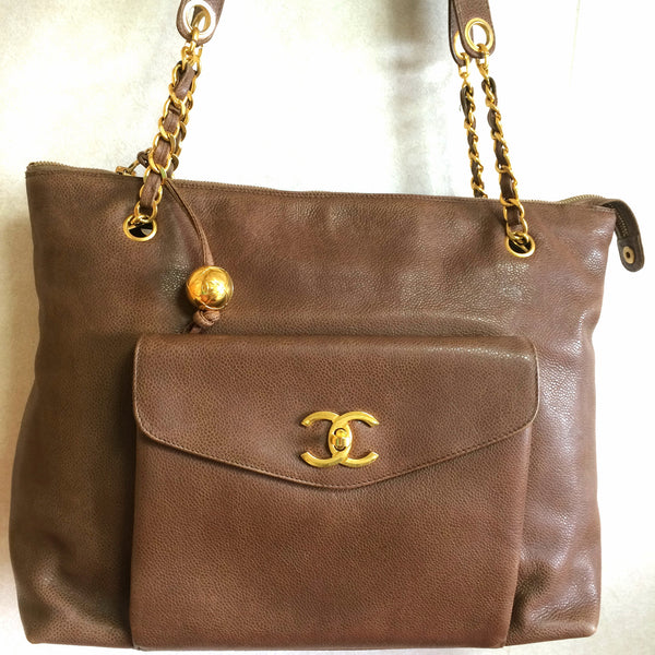 Vintage CHANEL cocoa brown caviar leather chain shoulder bag with