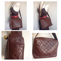 Vintage CHANEL dark brown caviar leather messenger large, jumbo shoulder bag with golden CC ball charm. Classic purse for daily use. Unisex
