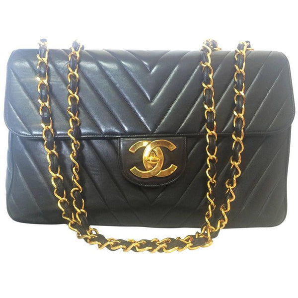 Chanel Chevron Shoulder Bag Black Lambskin