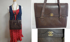 70s, 80s vintage CHANEL cocoa brown calfskin handbag with gold tone CC motif and mini CC motifs allover. Rare masterpiece back in the era.