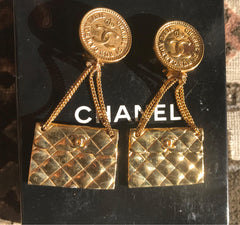 Vintage CHANEL classic 2.55 bag design dangling earrings with CC mark. Rare, one-of-a-kind Chanel jewelry.