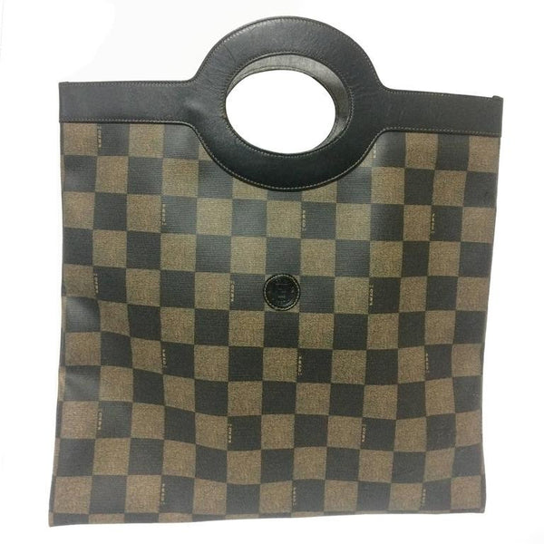 Authentic FENDI Pecan Chess Leather Tote Bag Shoulder Bag Hand Bag Purse  Used