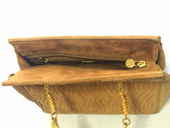 Vintage FENDI tanned brown suede twisted rope stitch bag with golden handles. Daily purse.