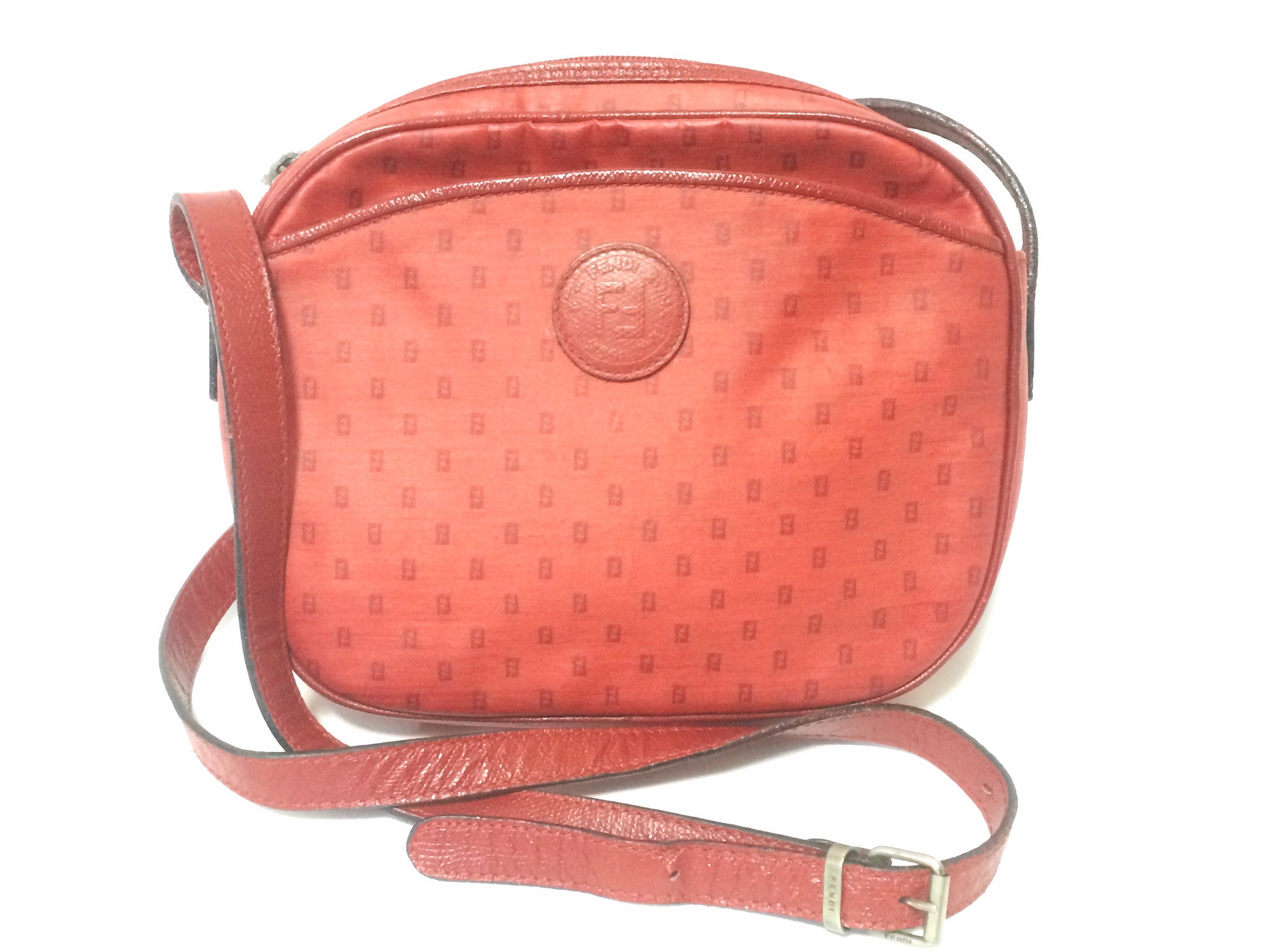 80's vintage FENDI red oval round shape shoulder purse with small FF logo print allover. So chic and cute.