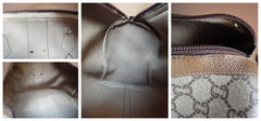 Vintage Gucci Plus brown monogram duffle bag with leather trimming and original zipper pull. Good for travel. Unisex