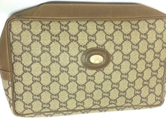 80's vintage Gucci Plus beige monogram large size makeup case, toiletry pouch, purse with golden logo plate. Unisex use