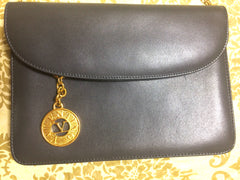 Vintage Valentino Garavani, gray leather chain shoulder bag with golden round V motif charm. Can be clutch bag as well. 060531r7