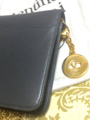 Vintage Valentino Garavani, gray leather chain shoulder bag with golden round V motif charm. Can be clutch bag as well. 060531r7