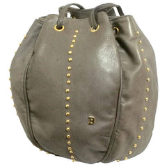 Vintage BALLY taupe gray lamb leather ball shape hobo bucket shoulder bag with golden B charm. Unique design. 050315r4