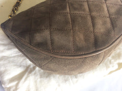 Vintage CHANEL beige brown, cocoa brown suede leather chain shoulder bag with green, red, and purple gripoix stones. Rare masterpiece.