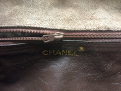 Vintage CHANEL beige brown, cocoa brown suede leather chain shoulder bag with green, red, and purple gripoix stones. Rare masterpiece.