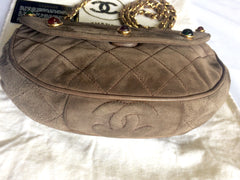 Vintage CHANEL beige brown, cocoa brown suede leather chain shoulder bag with green, red, and purple gripoix stones. Rare masterpiece.