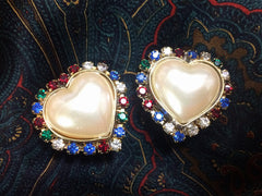 Vintage ESCADA faux pearl heart earrings with red, clear, blue, & green crystals.