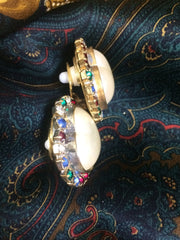 Vintage ESCADA faux pearl heart earrings with red, clear, blue, & green crystals.