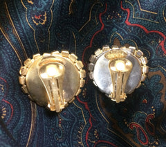 Vintage ESCADA faux pearl heart earrings with red, clear, blue, & green crystals.