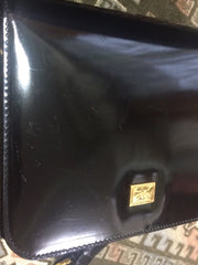 Vintage MOSCHINO black patent enamel leather shoulder bag with red heart motif at closure. Must have mod purse by Red Wall.