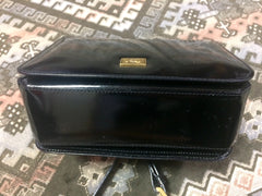 Vintage MOSCHINO black patent enamel leather shoulder bag with red heart motif at closure. Must have mod purse by Red Wall.