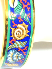 Vintage Hermes cloisonne enamel blue ocean, sea, yellow, brown, blue colorful shell, pink coral design golden thick bangle, bracelet.