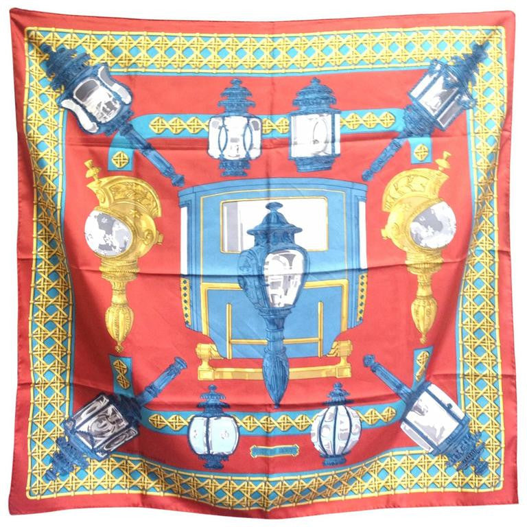 Vintage Hermes large carre twill silk scarf in light brick red, blue, and gold. Armor, Knight motif lamp design. Classic foulard. 050816f2