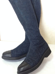 MINT. Vintage CHANEL mid high, black leather and denim combination long boots with CC mark. Leather lining. Very sexy boots. US7 ~ 7.5