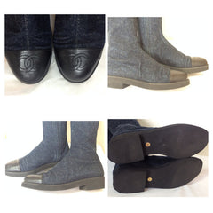 MINT. Vintage CHANEL mid high, black leather and denim combination long boots with CC mark. Leather lining. Very sexy boots. US7 ~ 7.5