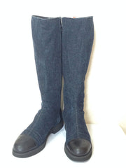 MINT. Vintage CHANEL mid high, black leather and denim combination long boots with CC mark. Leather lining. Very sexy boots. US7 ~ 7.5