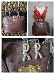 80's Vintage Roberta di Camerino ostrich embossed brown leather bag in Alma style with gold tone R charms. Rare masterpiece.