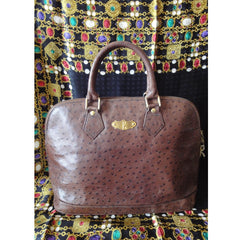 80's Vintage Roberta di Camerino ostrich embossed brown leather bag in Alma style with gold tone R charms. Rare masterpiece.