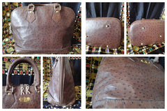 80's Vintage Roberta di Camerino ostrich embossed brown leather bag in Alma style with gold tone R charms. Rare masterpiece.