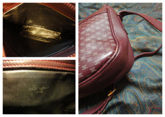 80's vintage Celine shoulder purse in bordeaux, burgundy leather with iconic blaison macadam print all over. riri zipper.