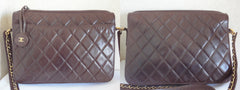 80's vintage Chanel dark brown quilted lambskin shoulder bag with CC motif and built-in chain shoulder strap. Rare Chanel purse