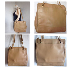 Vintage CHANEL brown beige caviar leather chain tote bag, shoulder purse with CC stitch marks. Classic and daily use bag