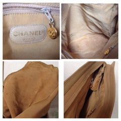 Vintage CHANEL brown beige caviar leather chain tote bag, shoulder purse with CC stitch marks. Classic and daily use bag