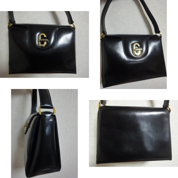 Vintage Gucci black leather classic design handbag purse with G