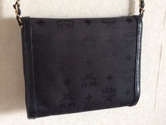 Vintage MCM black nylon monogram rare clutch shoulder bag with leather trimmings golden chain strap. Phenomenon, Big Bang. 060523re6