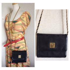 Vintage MCM black nylon monogram rare clutch shoulder bag with leather trimmings golden chain strap. Phenomenon, Big Bang. 060523re6