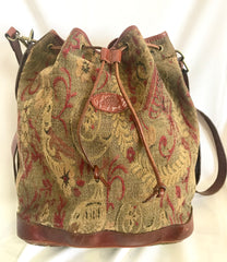 Vintage Mulberry khaki and wine brown gabeline weave fabric hobo bucket shoulder bag with leather trimming. Made in England. 050320r12