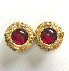 Vintage CHANEL golden frame and red round gripoix glass stone earrings with CC marks. Beautiful jewelry piece.