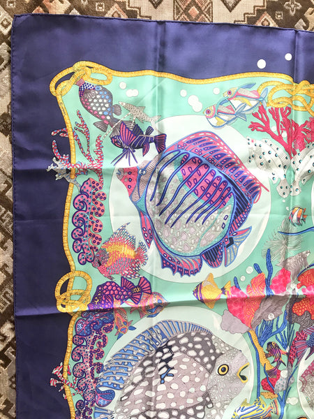 Vintage HERMES Carre large silk scarf with blue, purple, pink