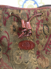 Vintage Mulberry khaki and wine brown gabeline weave fabric hobo bucket shoulder bag with leather trimming. Made in England. 050320r12