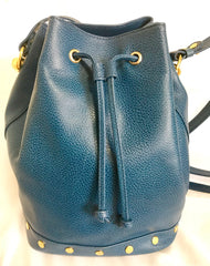 Vintage LANVIN blue grained leather hobo bucket shoulder bag with golden logo motifs. 070502re1