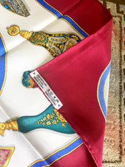 Vintage HERMES Carre large silk scarf with blue, yellow, green, pink, multicolor perfume bottle print in wine. Qu' importe le flacon.