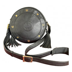 Vintage MCM black suzy wong, grained leather round shoulder bag with golden logo studs and fringes. Designed by Michael Cromer.0407051