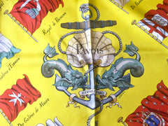 Vintage HERMES Carre large yellow silk scarf with red, blue, and white flag print. Best foulard. PAVOIS.