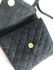 Vintage Sonia Rykiel black suede leather purse with golden logo brass. Quilted suede bag. 0404254