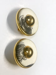 Vintage HERMES golden round earrings with white silk fabric frames. Classic jewel piece. 060616r2