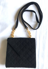 Vintage Sonia Rykiel black suede leather purse with golden logo brass. Quilted suede bag. 0404254