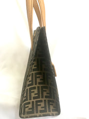 Vintage FENDI classic logo pecan jacquard and mustard yellow epi leather tote bag with golden closure at front.