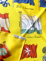 Vintage HERMES Carre large yellow silk scarf with red, blue, and white flag print. Best foulard. PAVOIS.